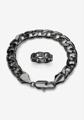 "Men's Big & Tall Black Ruthenium-Plated Curb-Link 9"" Bracelet and Ring Set by PalmBeach Jewelry in Stainless Steel (Size 11)"