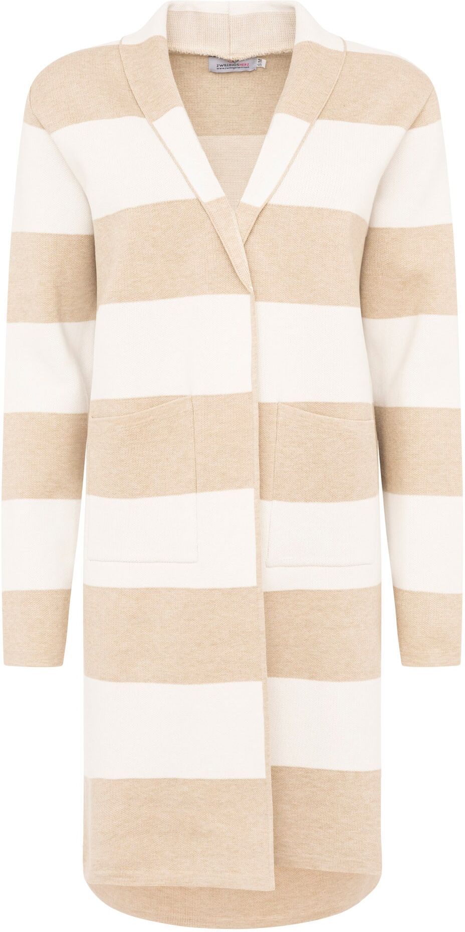 Strickjacke ZWILLINGSHERZ "Streifen & Schalkragen", Damen, Gr. S/M, beige, Strick, Obermaterial: 50% Viskose, 27% Polyester, 23% Nylon, gestreift, bequem knielang, V-Ausschnitt, Strickjacken Strickjacke, Schalkragen, Langarm, Taschen, knielang, Bockstreif