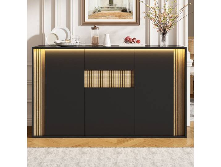 Buffet Bas 3 Portes 1 Tiroir Noir Et Naturel Enfilade Design FloraGrace Pour Salon Ou Entrée Avec LED Réglable 140x40x82cm