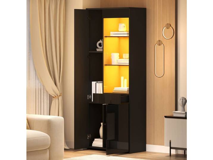 ELVORIN Vitrine haute 70 x 35 x 180 cm noir brillant LED verre trempé