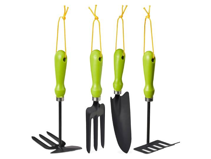 Relaxdays Set d'outils de jardin 4 pièces\, louche à fleurs\, petit râteau\, double houe\, fourche à fleurs\, Set d'outils de jardin\, fer\, vert