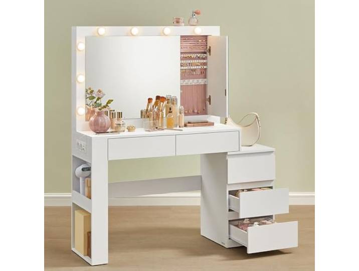 VASAGLE Schminktisch mit LED-Beleuchtung, Steckdosenleiste, 125 cm breit Frisiertisch mit Schubladen, 3 Lichtfarben, Schmuckaufbewahrung, Wolkenweiß, KAILYN Kollektion RDT127W01