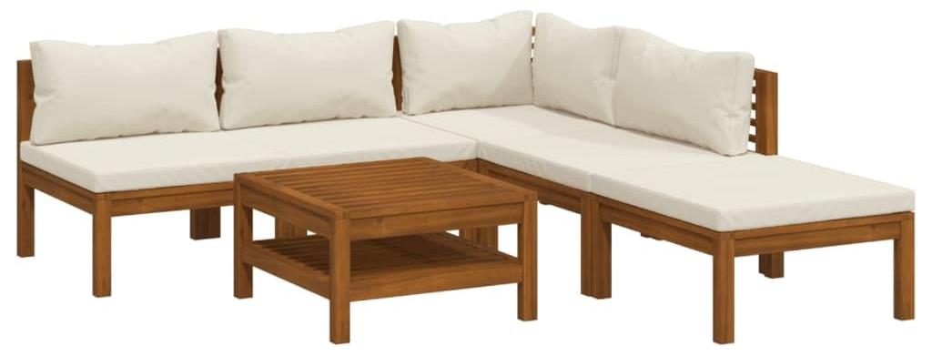 Loungeset mit Eckbank - 6-teilig - aus Akazienholz - cremefarbene Kissen - Gartenmöbel