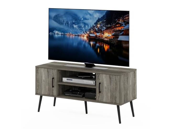 Furinno Claude TV-Ständer mit Holzbeinen im Mid-Century Stil, Französische Eiche, Two Cabinets