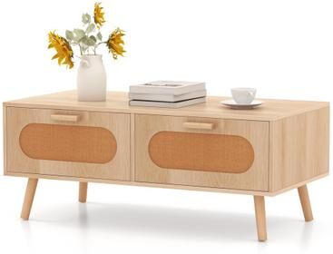 Costway Rattan Coffee Table Mid Century Modern Center Table with 2 Storage Drawers-Natural