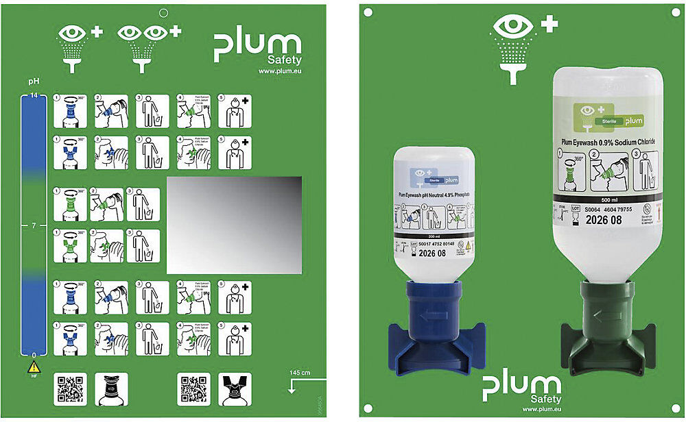 Augen-Notfallstation mit Spülflaschen, mit 1 x 200 ml pH-neutral, 1 x 500 ml 0,9 % NaCl, Wandhalterung plum