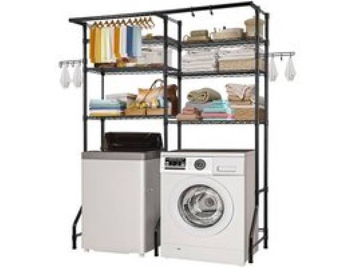 VEVOR Étagère de rangement pour lave-linge et sèche-linge à 6 niveaux, étendoir à linge avec tringle et crochets, étagères réglables à deux rangées, gain de place, pour buanderie, salle de bain, noir