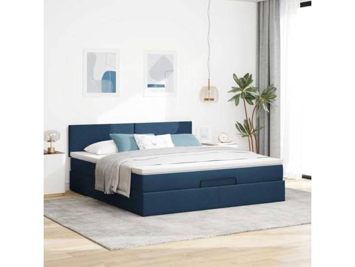 KTHLBRH Boxspringbett blau 180 x 200 cm mit Federkernmatratze Struktur aus Stoff, Kopfteil inklusive, hydraulischer Aufbau, Lattenrost
