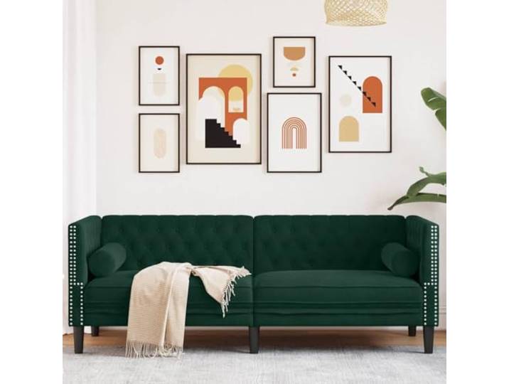 HEFZGDB Chesterfield-Sofa 3-Sitzer Dunkelgrün Samt mit Nackenrollen, weiche Polsterung und stabile Stützbeine, klassisches Design mit Knopfheftung, ideal