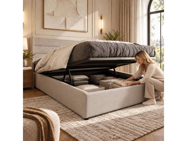Lit capitonné 160×200 cm rangement hydraulique lit coffre tête de lit rembourrée Cadre de lit 160×200 sommier à lattes Lin Beige
