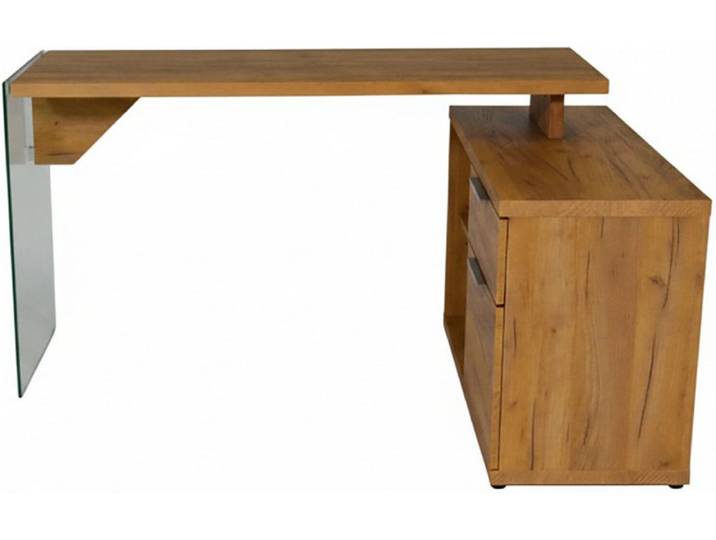 Eckschreibtisch JAHNKE LUX C 135 E , braun (kerneiche, klarglas, klarglas, kerneiche), B:141,8cm H:74cm T:100cm, Tische, Eckschreibtisch, Eckschreibtisch,wechselseitig montierbar,Glas,1 Schublade & 2 Fächer