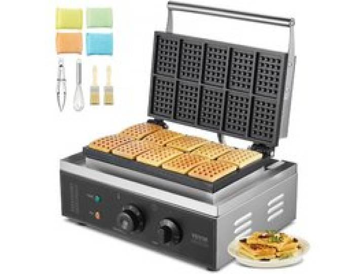 VEVOR Kommerzielles Waffeleisen 1550 W antihaftbeschichtetes Waffeleisen aus Edelstahl mit Temperatur- und Zeitregelung, Griff, für Restaurant Bäckerei Snackbar Familie 10 rechteckige Waffeln