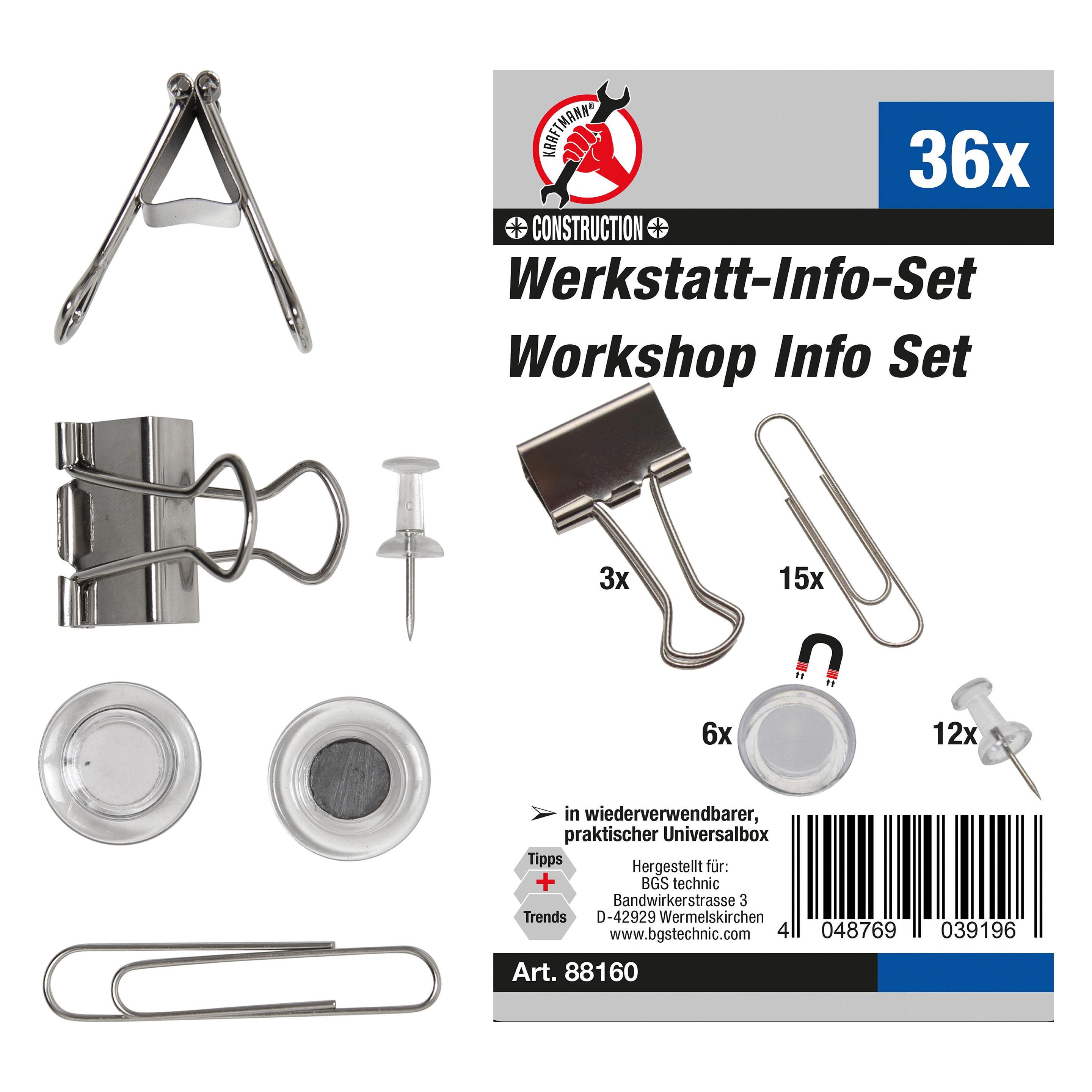 BGS Werkstatt-Info-Satz mit Büroklammern, Magneten, Nadeln 36-tlg. (1x) (88160)