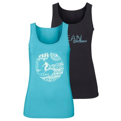 Tanktop OCEAN SPORTSWEAR, Damen, Gr. 36, blau (schwarz, lagu), Single Jersey, Obermaterial: 95% Baumwolle, 5% Elasthan, unifarben, figurbetont, tiefer Rundhals, Tops Tanktop, mit unterschiedlichen Drucken