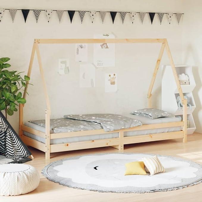 Kinderbett 80x200 cm Massivholz Kiefer, Hausbett mit Lattenrost und niedriger Einstieg, Kinderbett ab 4 Jahren, naturbelassenes Holzbett für Kinderzimmer