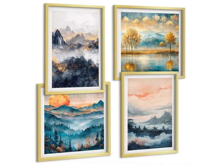 BILDER SET 4er Set - 50x50 cm & 40x60 cm Goldrahmen - Gemalte Abstraktionen der Natur