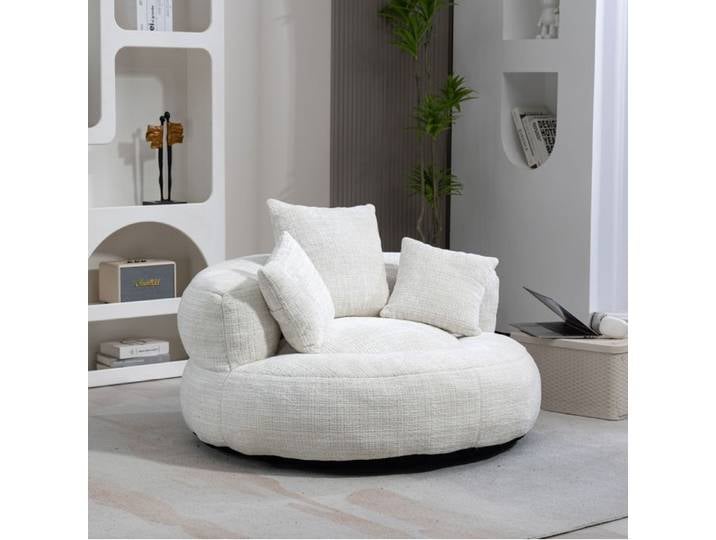 WUVRIE Fauteuil lounge paresseux en chenille beige avec 3 coussins accoudoirs et dossier haut 108 x 108 x 52 cm