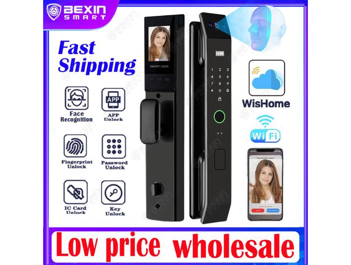 Serrure de porte intelligente avec reconnaissance faciale 3D, application WISHome, déverrouillage par empreinte digitale, carte à puce, NFC et téléphone.