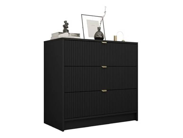 Mirjan24 Kommode Tireno 3SZ mit 3 Schubladen (Schwarz) Schubladenkommode mit geriffelten Fronten und goldfarbenen Griffen für Kleidung und Accessoires, B/H/T: 80/75/40 cm