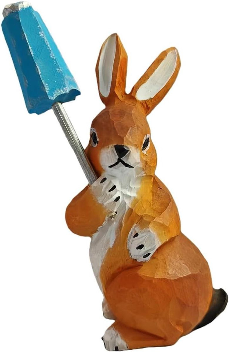 Handgesneden houten konijn beeldje - Miniatuur sculptuur voor tafeldecoratie