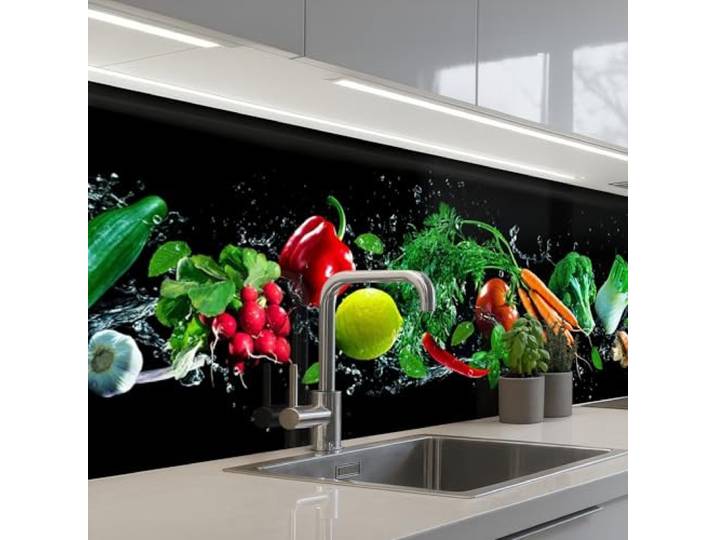 KitchenYeah© Küchenrückwand Selbstklebend Küchenspritzschutz Rückwand 80x300 cm - Wandschutz Ohne Bohren Spritzschutz Wand Wandverkleidung Gemüse - Spritzer - Schwarz