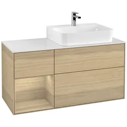 Villeroy und Boch Finion Waschtischunterschrank F141PCPC 120cm, Abdeckplatte glass white Matt, Regal links Oak Veneer, Oak Veneer