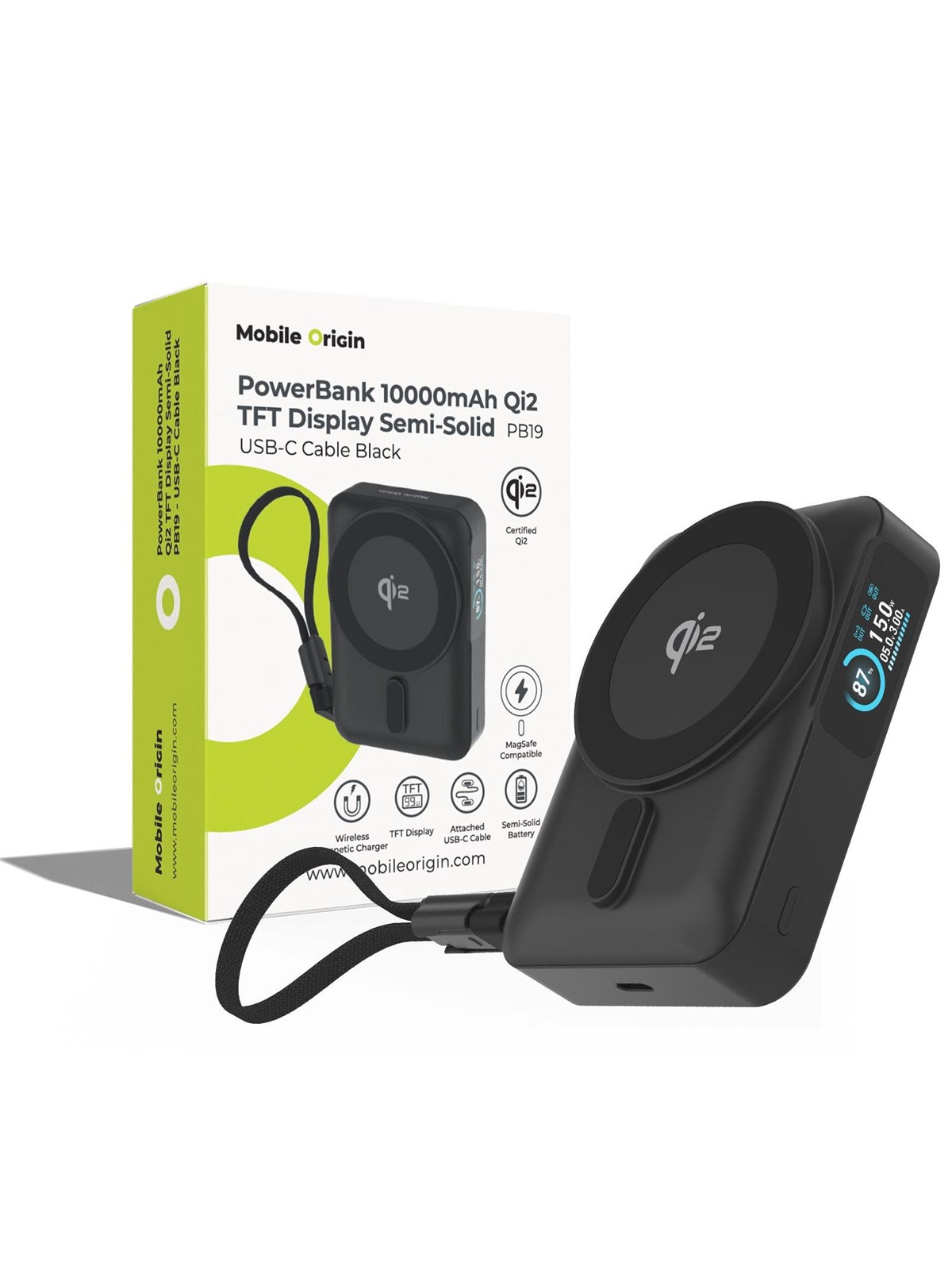 Mobile Origin PB19 Qi2 TFT Display Semi-solid Power Bank (w/ Built in USB-C cable) - Black - 10000 mAh