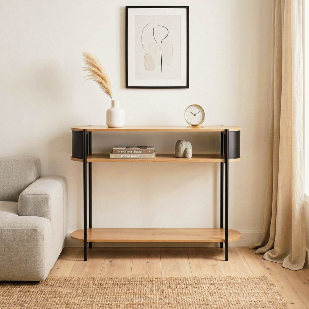 Calicosy Console 3 niveaux avec flancs en métal noir l100 cm Beige 100x80x34cm