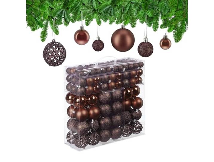 Relaxdays 150x Boules de Noël\, Paillettes\, Mates\, Brillantes\, déco Sapin\, Plastique\, diamètre 3\, 4 et 6 cm\, Marrons