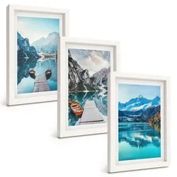 BILDER SET 3er Set - 20x30 cm Weißer Rahmen - Spiegelung der Boote auf Bergseen