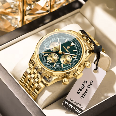 Inspire Essentials POEDAGAR Luxury Mens Chronograph Watch Stainless Steel Waterproof Design gold Green