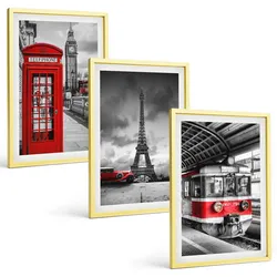 BILDER SET 3er Set - 40x60 cm Goldrahmen - Ikonen London Paris Verkehr