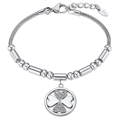 Armband LOTUS "Ionic - Kleeblatt", edelstahlfarben, kristallweiß, kristallweiß, Armbänder, Damen, 19cm, Edelstahl, Armband, mit Glasstein