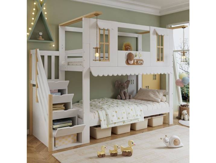 ROVRYN Lit superposé enfant 90x200 cm avec escalier de rangement style cabane blanc et naturel