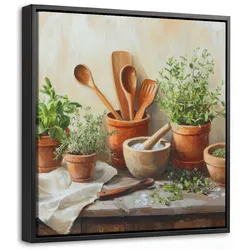LEINWAND Bilder mit Rahmen - Töpfe - Kräuter - Holz - 20x20