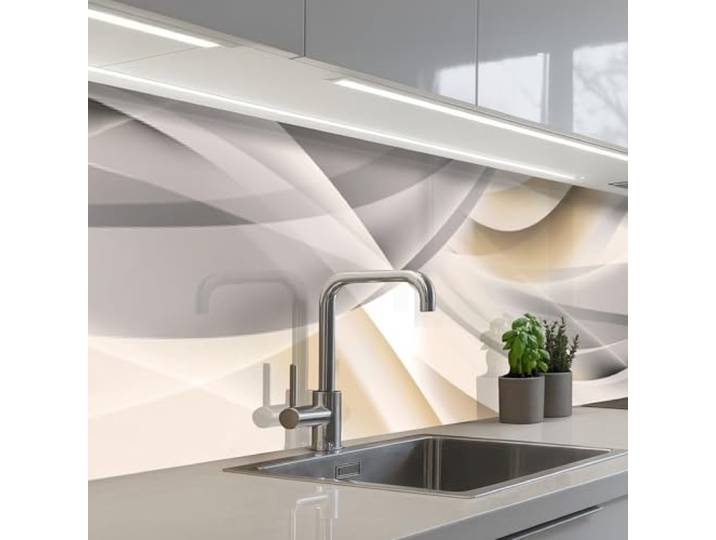 KitchenYeah© Küchenrückwand Selbstklebende Kitchen Wall Protector Küchen 60x500 cm - Rückenwand Küchenfronten Küchenrückwände Küche Wand Wellen - Abstrakt - Beige