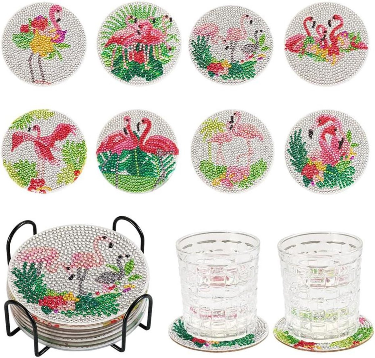 Set van 8 Diamant Schilderen Onderzetters met Flamingo Patroon - Multi