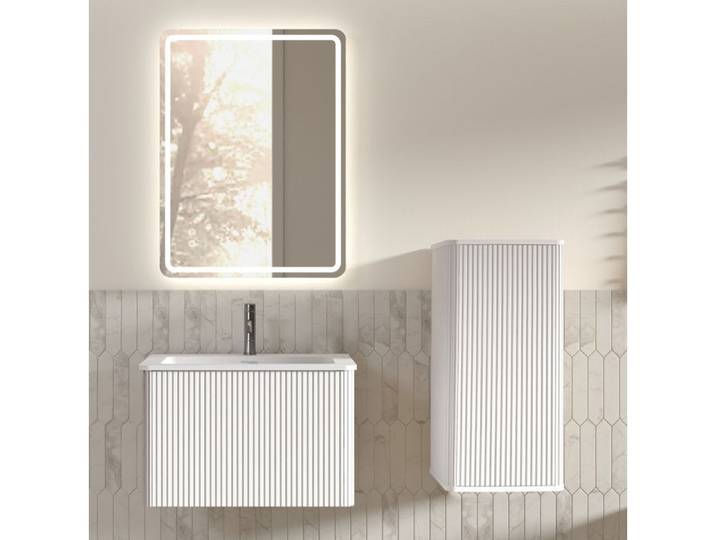 WOVREO Ensemble meuble de salle de bain suspendu 61 cm avec vasque intégrée miroir LED antibuée colonne blanc