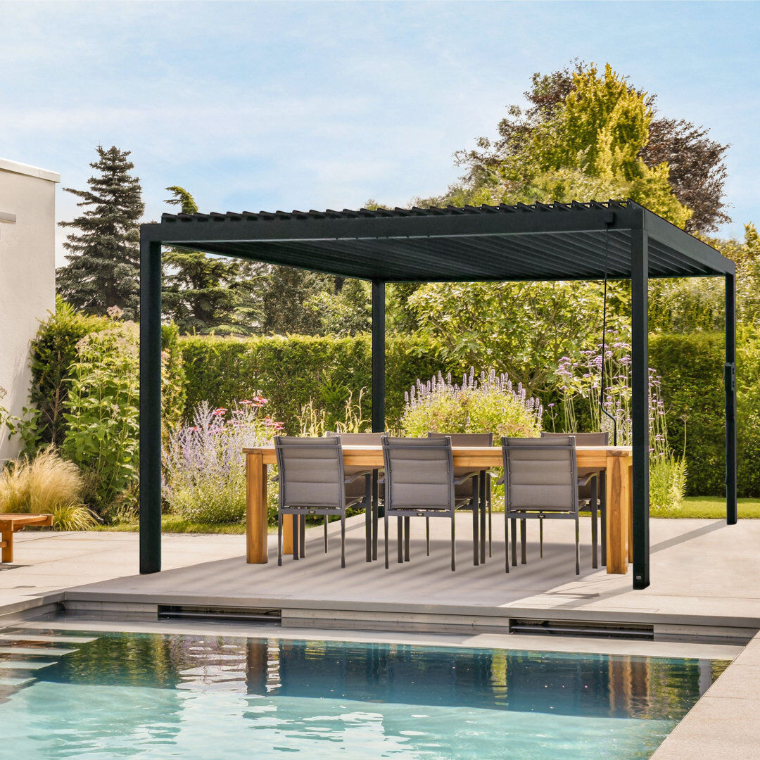 Backyard Discovery Sarasota Louvered Steel Outdoor Patio Pergola With Powerport 4.9m X 3m (16ft X 10ft) Matte Black 252.73cm H X 497.73cm W X 298.15cm D