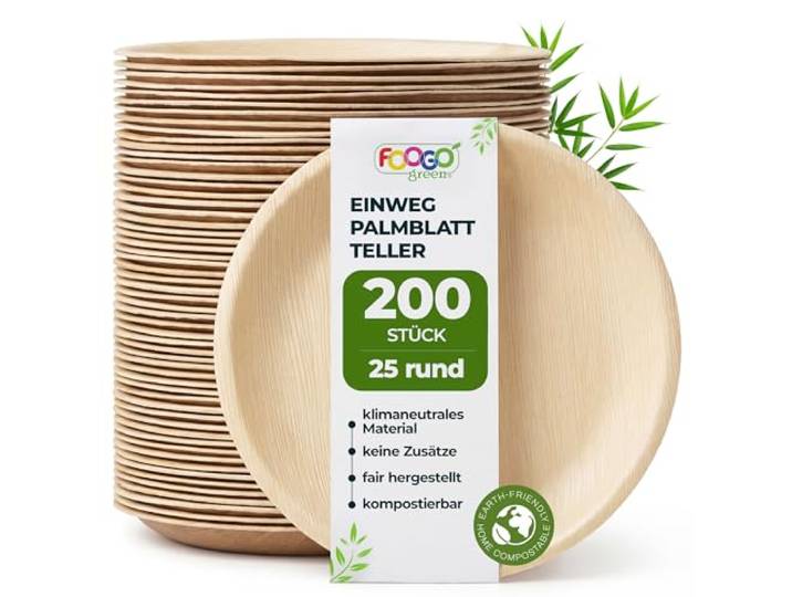 FOOGO Green Palmblatt-Teller rund 200 Stück Ø 25 cm Einweggeschirr kompostierbar & naturbelassen – extra stabil & fettresistent – nachhaltiges Einweggeschirr für Party & BBQ
