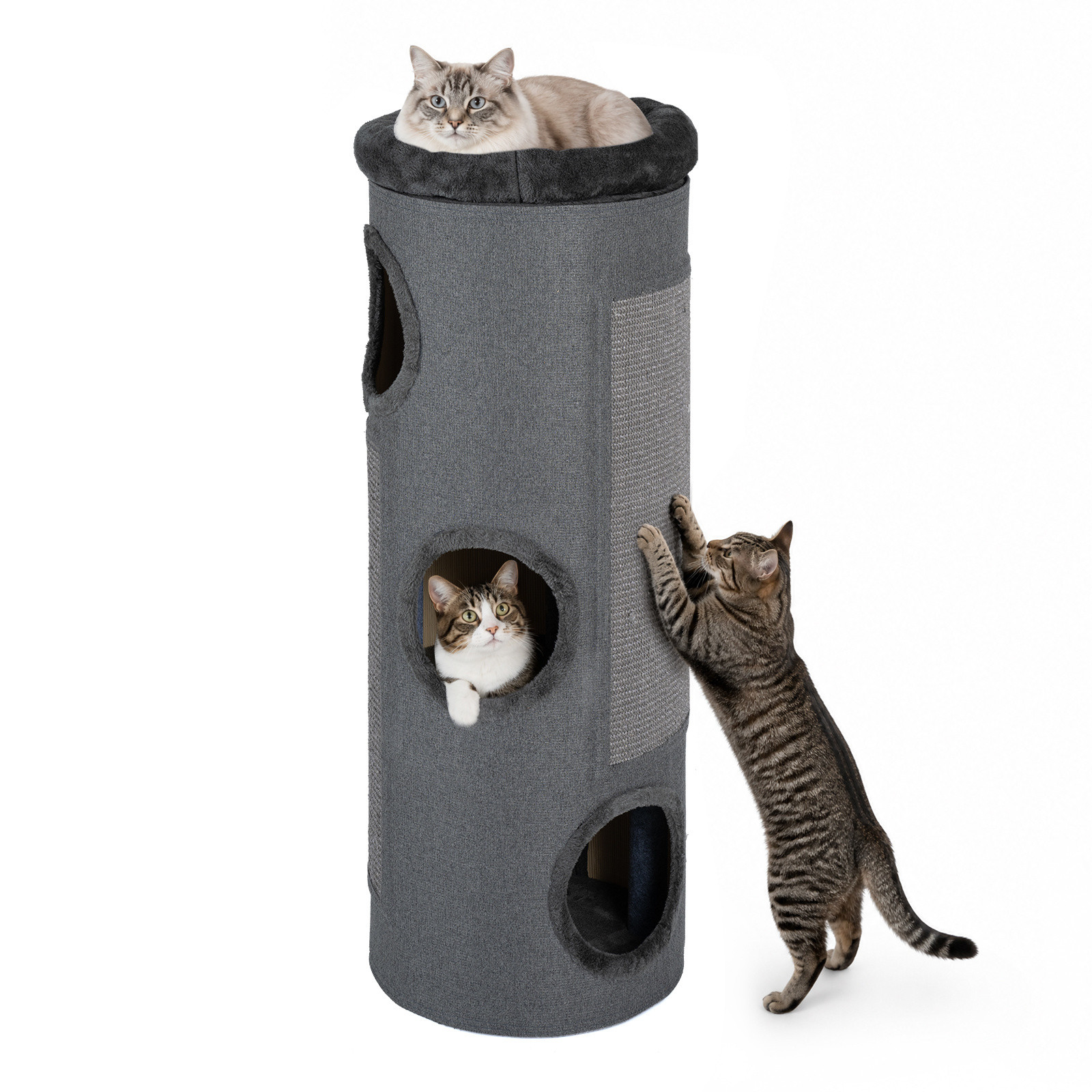Costway Vierlaags Kattenhuis voor Meerdere Katten, Tonvormig Kattenmeubel met Afneembaar Pluchen Bed, Sisal Krabplank en Bamboemat, Donkergrijs