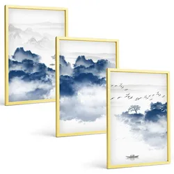 BILDER SET 3er Set - 40x60 cm Goldrahmen - Berge, Wolken, Bäume, Vögel