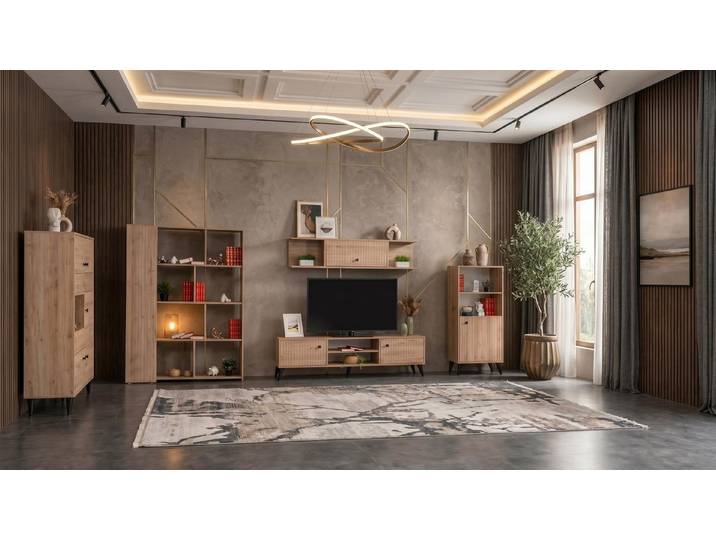 Xlmoebel Wohnwand Braunes Wohnzimmer-Set TV-Möbel Vitrinenschrank Bücherregale, (5-St., 5-tlg)