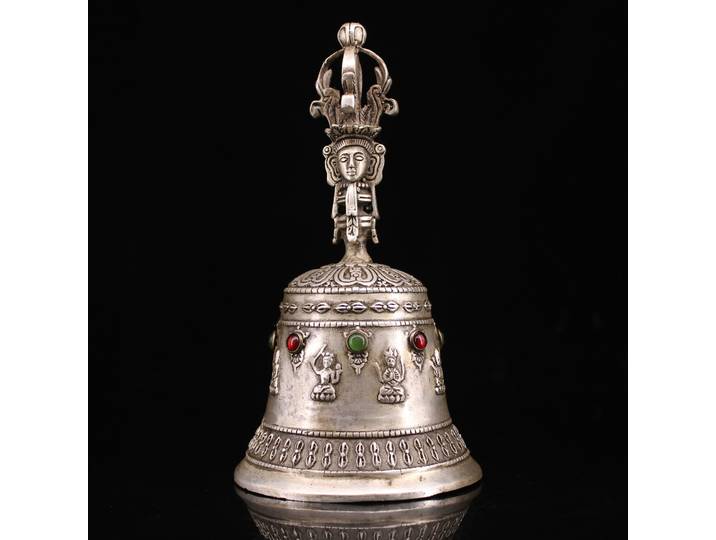 Statue de Bouddha Tibétain, Collection de Temple Tibétain, Bronze localité et Argent, Gemme Mosaïque, Vajra, revêt Sonnerie, Cloche, Amulette, Maison de Ville, 7