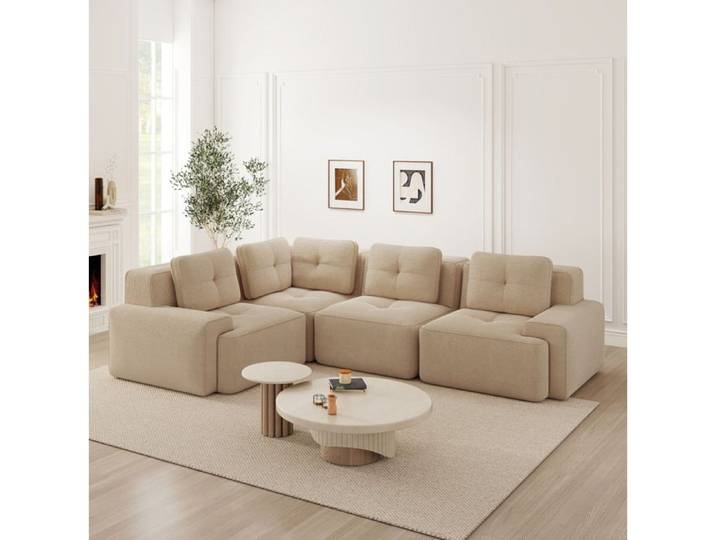 WOVREO Canape d angle modulable 4 places beige en corduroy sans montage assise profonde et accoudoirs larges