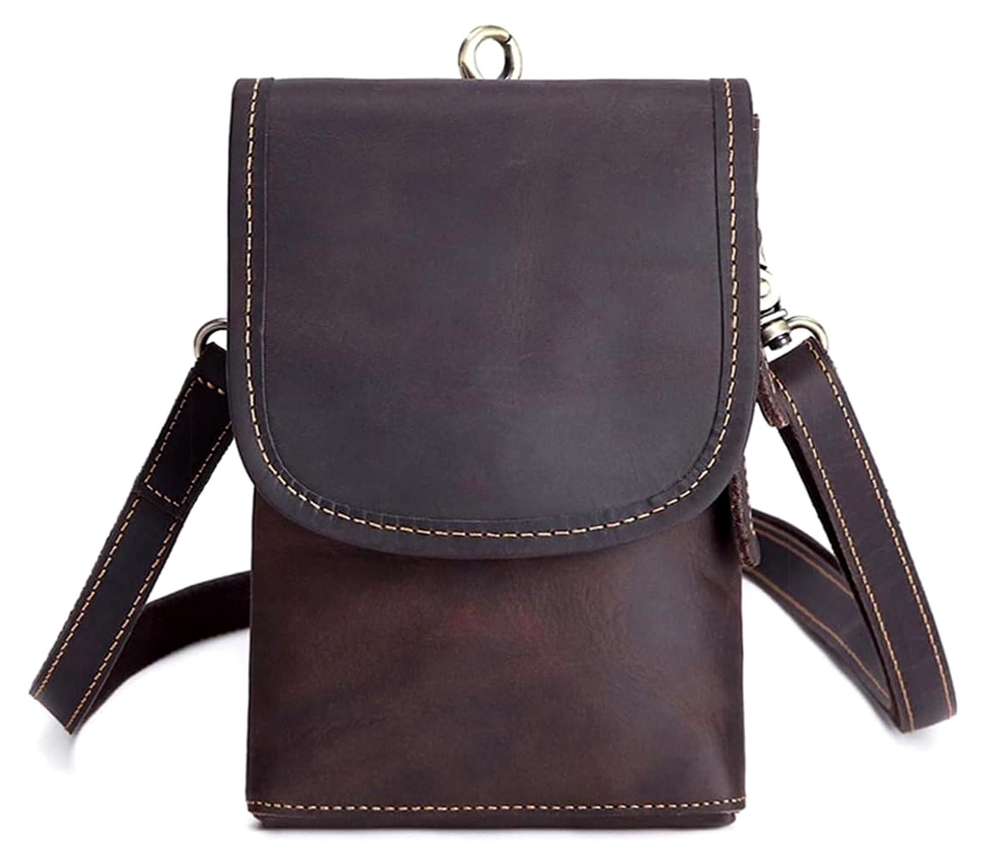 Kleine dunkelbraune Hüfttasche aus echtem Leder für Herren, Umhängetasche und Handytasche