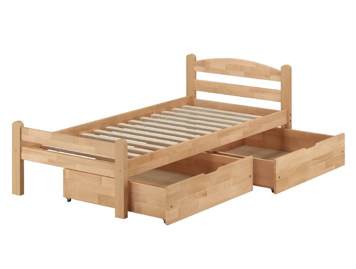 Angebot Holzbett Buche massiv 90x200 Bettgestell, Rollrost, zwei Bettkästen