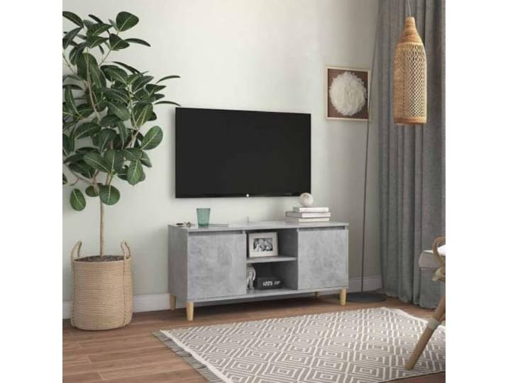 HEFZGDB TV-Schrank mit Massivholz-Beinen Betongrau 103,5x35x50 cm - Sideboard mit 2 Ablagen und 2 Fächern für Multimedia-Geräte und Stauraum, Skandi-Stil TV-Möbel