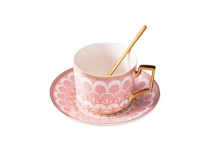 LuxusKollektion Tasse Tasse & Untertasse Set 250ml Rosa mit Löffel, Keramik