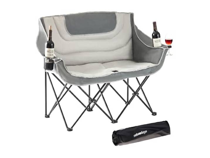 Relaxdays Chaise de Camping Double Pliable\, Sac de Transport\, Porte-gobelets\, 272 kg\, Polyester et métal\, Gris